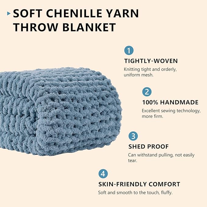 L'AGRATY Chunky Knit Blanket Throw: 80''x90'' Chenille Chunky Knitted Throw Blankets for Bed Couch - Handmade Thick Big Cable Knit Blanket - Large Crochet Rope Blankets for Home Decor(Airy Blue)