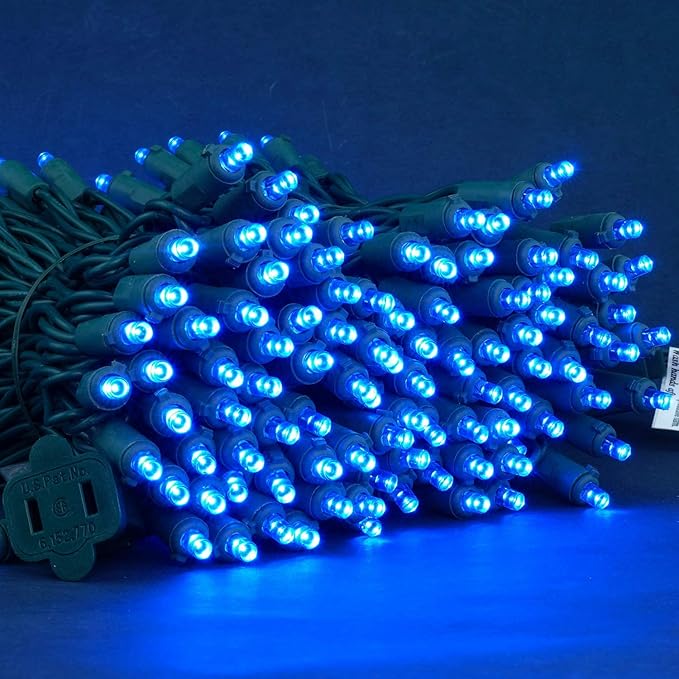 200 Count Blue Wide Angle LED Christmas Lights, 66 ft Green Wire UL Certified Commercial Grade 5mm Holiday String Light Set (Blue)