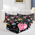 Floral Cat Comforter King Size,Black Cats Comforter Set for Kids Teens Girls,3Pcs Bedding Set Printed Comforter with 2 Pillowcases,Down Alternative,Soft and Lightweight(Black，King Size)