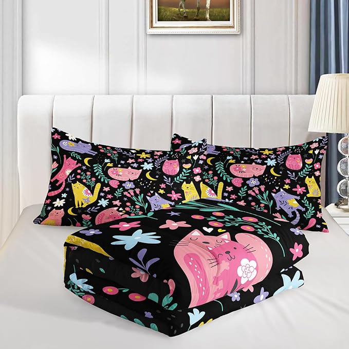Floral Cat Comforter King Size,Black Cats Comforter Set for Kids Teens Girls,3Pcs Bedding Set Printed Comforter with 2 Pillowcases,Down Alternative,Soft and Lightweight(Black，King Size)