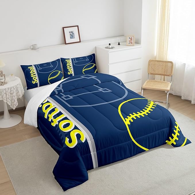 Feelyou Kids Softball Comforter Set King Size Sports Game Bedding Set for Boys Girls Teens Bedroom Decor Baseball Comforter Women Men Softball Gaming Duvet Set with 2 Pillow Case