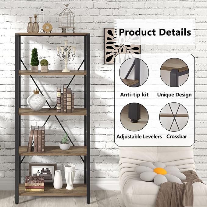 FOLUBAN 5 Tier Tall Bookshelf, Industrial Vintage Book Shelf, Rustic Wood and Metal Bookcase for Home Office Bedroom, Oak