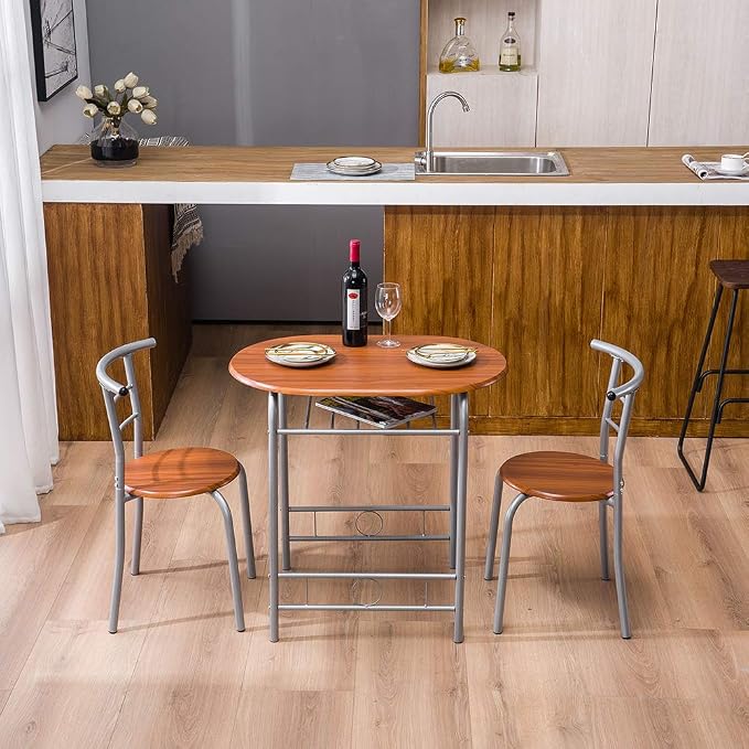 VINGLI 3 Piece Dining Set, Small Kitchen Table Set for 2, Breakfast Table Set, Kitchen Wooden Table with 2 Chairs for Small Space/Dining Room/Apartment, Metal Frame, Wine Rack, Russet