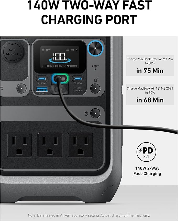 Anker Portable Power Station SOLIX C300, 288Wh LiFePO4 Battery, 300W (600W Surge) Solar Generator, 140W Two-Way Fast Charging, for Outdoor Camping, Traveling, and Emergencies (Solar Panel Optional)