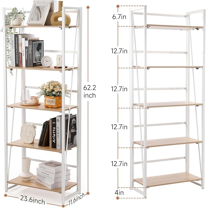 No-Assembly Folding Bookshelf Storage Shelves 5 Tiers Foldable Vintage Multifunctional Plant Flower Stand Storage Rack Shelves Bookcase for Home Office, White