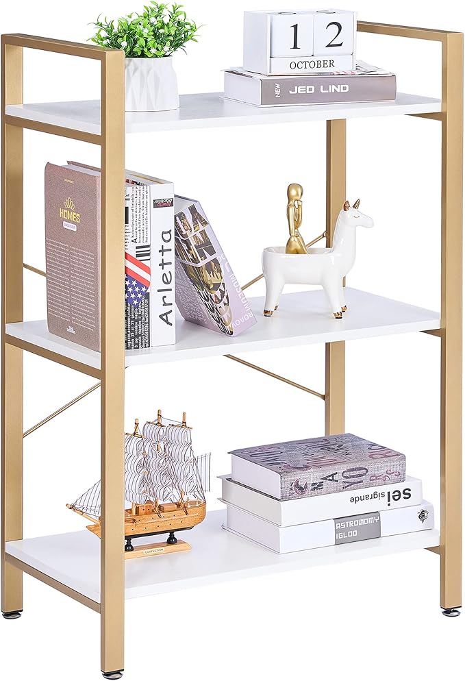BEWISHOME 3 Tier Bookshelf, Modern Small Book Shelf for Small Spaces, White Gold Wooden Shelves for Bedroom Living Room and Home Office, 13.78" D x 24.12" W x 37.09" H, JCJ42M