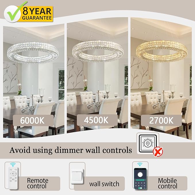 Dia 40" Modern Crystal Chandelier Ring Chandelier Adjustable Height Luxury Crystal Pendant Ceiling Light Fixture for Dining Living Room Bedroom
