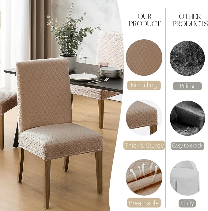 MOSAYT 100% Waterproof Dining Room Chair Covers Set of 6, Super Fit Stretch Jacquard Parson Chairs Slipcovers Removable Washable Chair Seat Protectors for Home, Kitchen, Banquet (Khaki - XL)