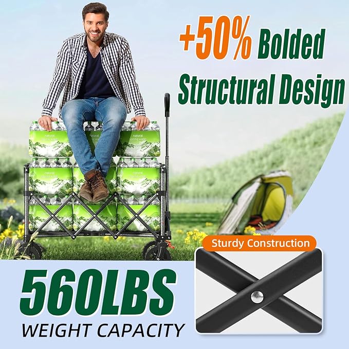 52" L Collapsible Wagon Cart Foldable, 300L 560lbs Weight Capacity, Heavy Duty Beach Wagon with Big Wheels, Shopping Carts for Grocery, Camping, Shopping, Beach, Garden Cart