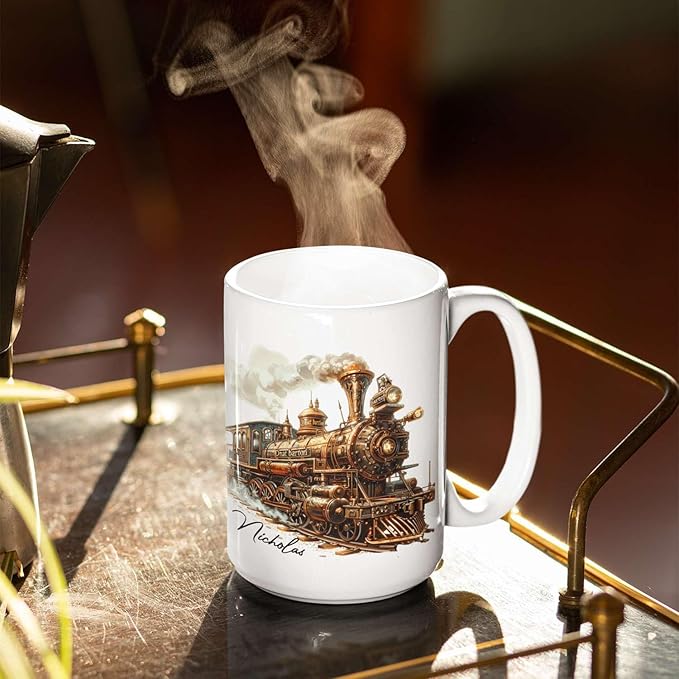 Customized Vintage Locomotive Design Ceramic Cup, Personalized Steampunk Train Coffee Mug 11oz 15oz, Unique Custom Name Mug Gift For Train Enthusiasts, Steam Engine White Mug