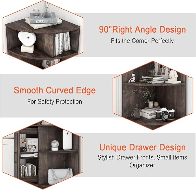 6 Tier Corner Shelf with Drawer, Corner Bookshelf and Corner Bookcase Corner Display Storage Cabinet Stand for Living Room, Bedroom, Office, Small Space, Black Walnut