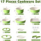 SENSARTE 17 Piece Ceramic Detachable Handle Pots and Pans Set Green | Ceramic Cookware Set, Induction Cookware Set with Removable Handle, Healthy Non Stick for RV, Dishwasher ＆ Oven Safe