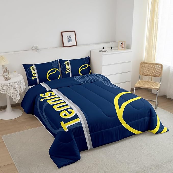 Feelyou Kids Tennis Comforter Set Full Size Tennis Sports Bedding Set for Boys Girls Teens Bedroom Decor Tennis Gaming Comforter Blue Yellow Tennis Lovers Duvet Set with 2 Pillow Case