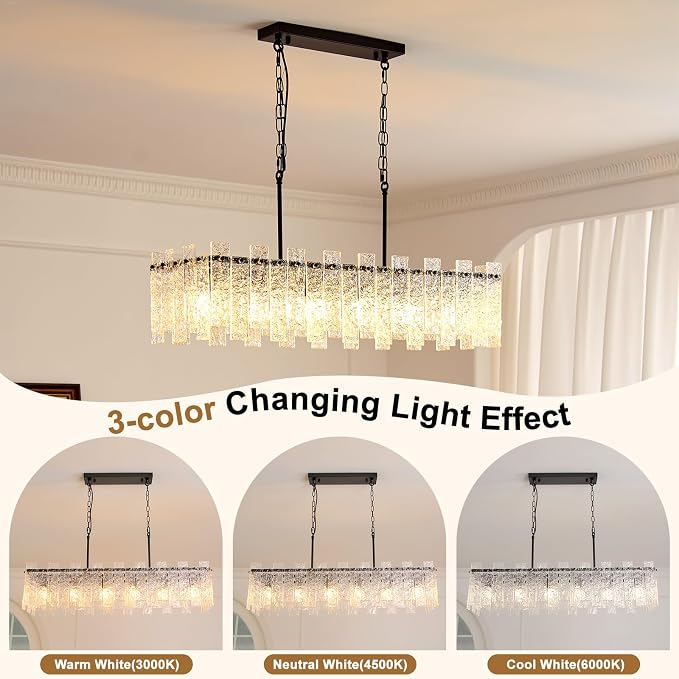 Modern Rectangle Black Crystal Chandeliers for Dining Room, L39" Large Rectangular Water Ripple Glass Island Light Fixture, 6-Lights Hanging Pendant Light for Kitchen Island, Living Room