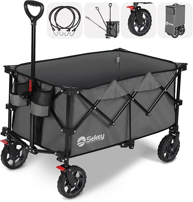 Sekey 220L Collapsible Foldable Wagon with 330lbs Weight Capacity, Heavy Duty Folding Wagon Cart with Big All-Terrain Wheels & Drink Holders (Grey)