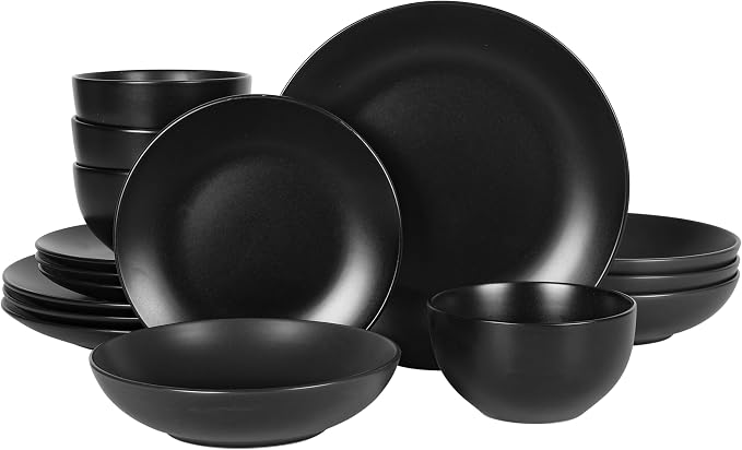 Gibson Home Queenslane 16-Piece Matte Black Stoneware Dinnerware Set – Double Bowl Plates and Bowls, Durable Kitchen Dinner Set