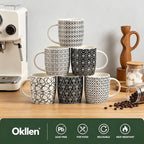 Okllen 6 Pack 11.5 Oz Coffee Mugs Geometric Textured, Ceramic Coffee Mugs Stylish Tea Cup Mugs Set Gift for Latte, Cappuccino, Milk, Water, Cocoa, Cereal, Black and White