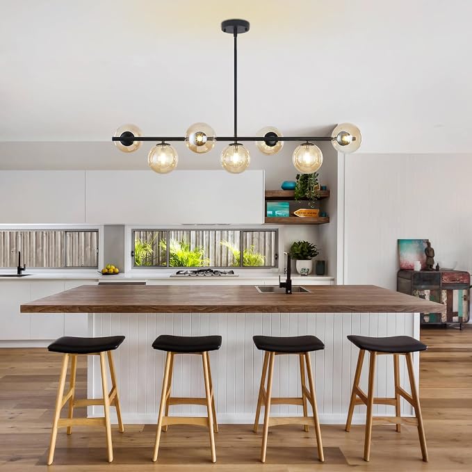Mid Century Modern Linear Chandelier, 7-Light Black Pendant Light with Amber Glass Globes, Dimmable Kitchen Island Lighting Dining Room Light Fixtures Over Table for Living Room, Entryway & Bedroom