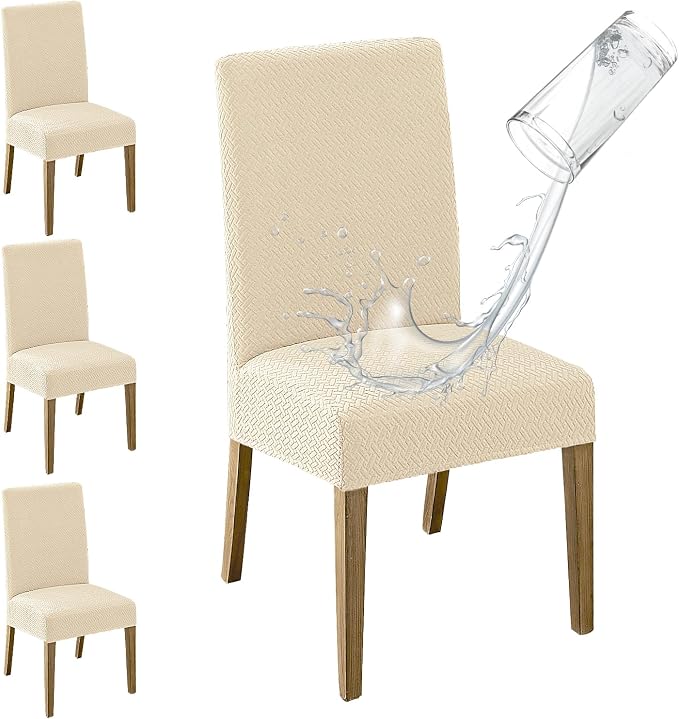 MOSAYT 100% Waterproof Dining Room Chair Covers Set of 4, Super Fit Stretch Jacquard Parson Chairs Slipcovers Removable Washable Chair Seat Protectors for Home, Kitchen, Banquet (Beige)