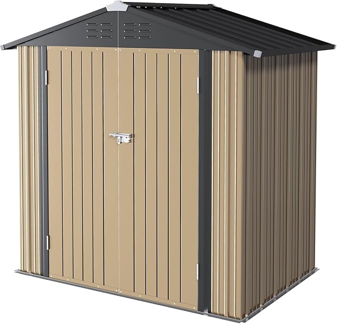 Furniwell 6x4 FT Outdoor Storage Shed, Metal Garden Sheds Outdoor Storage House with Single Lockable Door for Backyard Patio Lawn, Brown