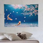 Japanese Koi Fish Tapestry, Cherry Blossoms Asian Oriental Blue Floral Branch Koi Fish Carp Tapestries Wall Hanging for Bedroom Living Room Office Decor 60"x40"