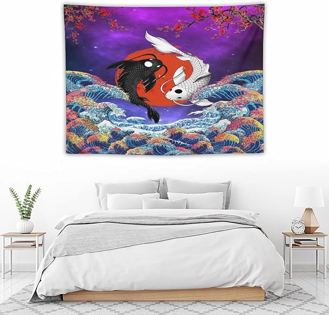 Houselerax Japanese Koi Fish Tapestry, Yin Yang Big Wave Cherry Blossom Tapestries Wall Hanging for Bedroom Living Room Office Decor 40"x30"