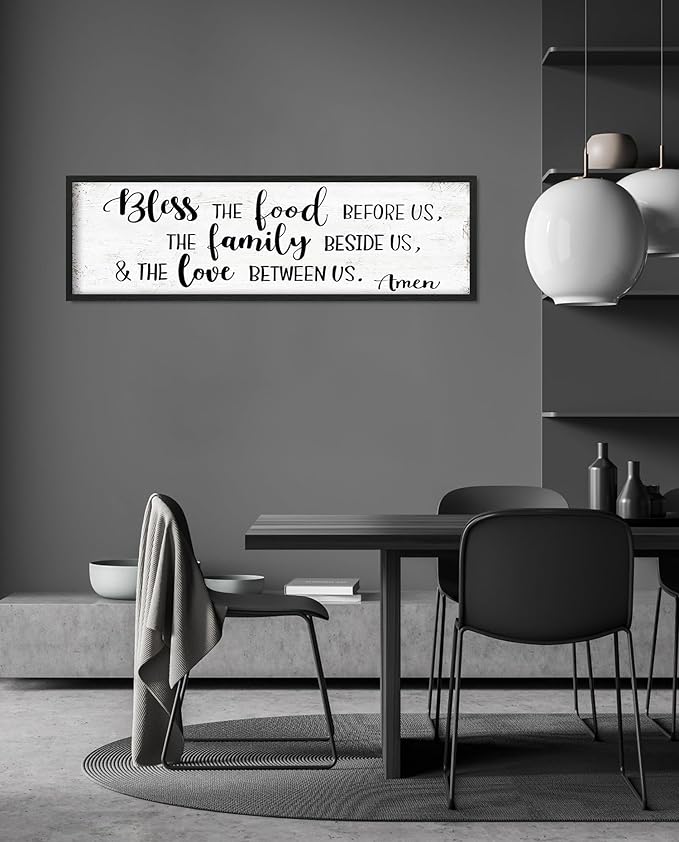 Bless the Food Before Us Wall Decor: Farmhouse Rustic Kitchen Signs Wall Decor Framed Hanging Wall Plaques 12" x 40",Inspirational Quotes The Family Beside Us Signs