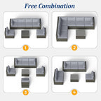 SUNVIVI OUTDOOR 7 Piece Patio Furniture Sets All Weather Gery PE Wicker Couch Sofa with Glass Table, Removable Grey Cushions