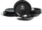 Stone Lain Oasis 12-Piece Dinnerware Set Stoneware, Dishwasher and Microwave Safe Plates and Bowls Set, Dish Set for 4, Black