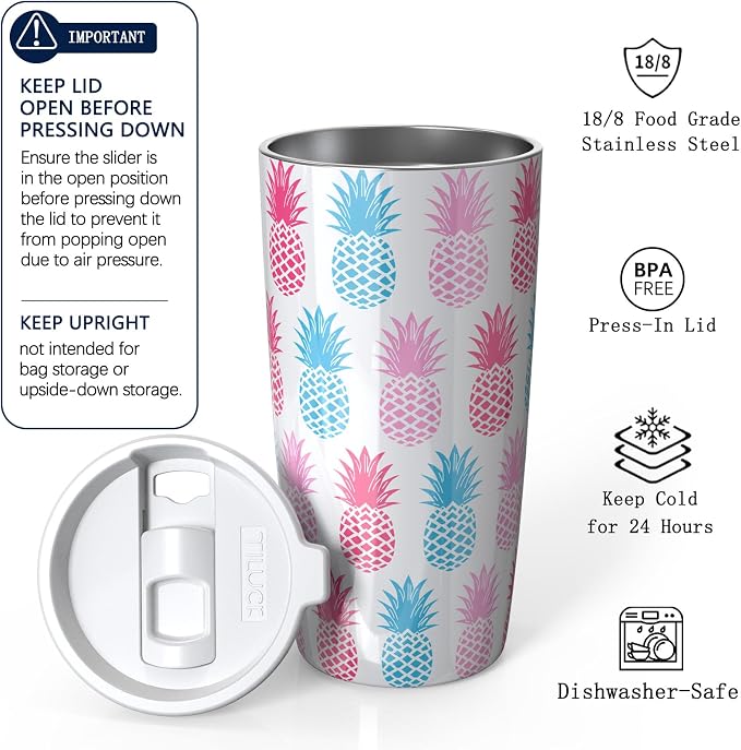 TILUCK 20 oz Insulated Coffee Tumbler with BPA-Free Lid | Travel Coffee Mug, Dishwasher Safe, Cup Holder Friendly, Double-Wall Vacuum Insulation for Hot & Cold Drinks,Pineapple