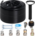 150FT Sewer Jetter Kit for Pressure Washer, 5800PSI Water Jet Durable Drain Cleaner Hose 1/4 Inch NPT Corner with 4 Specialized Nozzles，Waterproof Tape, Pearl Corsage Pin, Handle Strap & 2 Spanners