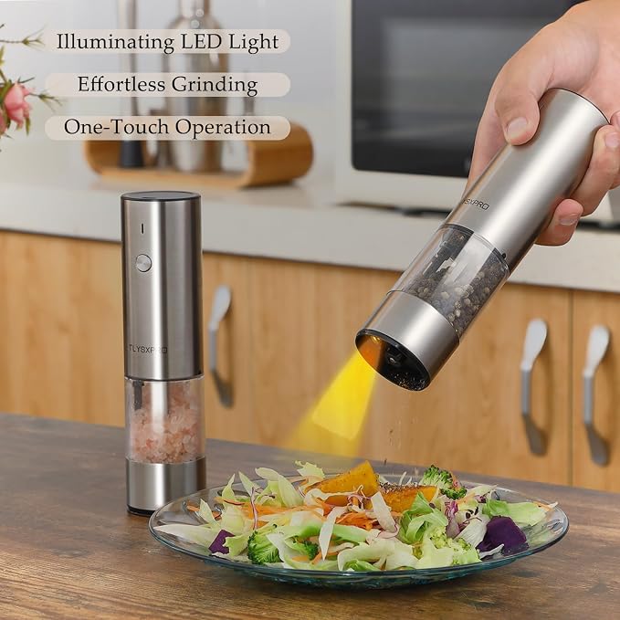 Electric Salt and Pepper Grinder Set, USB Rechargeable, Stainless Steel Automatic Salt and Pepper Mill Grinder with Adjustable Coarseness, Electric Salt Shakers, LED Light, Refillable (2 Packs)