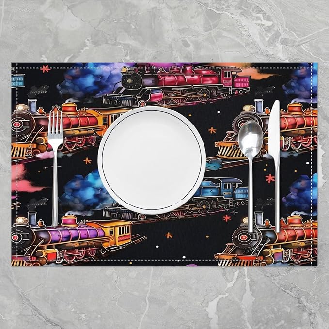 Feelyou Train Placemats Set of 4 12x18 Inch Colorful Steam Engine Table Mats for Party Kitchen Dining Decoration Holiday Seasonal Train Transportation Place Mat for Dinner Table Indoor Outdoor Decor