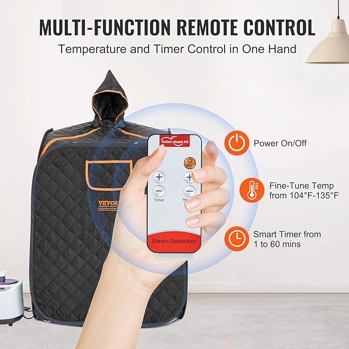 VEVOR Portable Personal Steam Sauna Spa Tent with 1200 Watt Steam Generator, with Chair & Storage Bag, Home Therapeutic Sauna Blanket for Detox Relaxation, Time & Temperature Remote Control, Black