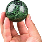 JIC Gem Small Red&Green Treasure Crystal Sphere Ball Natural Ruby Zoisite Healing Crystal Ball with Decoative Stand for Fengshui Meditation Decoation (50-60mm)