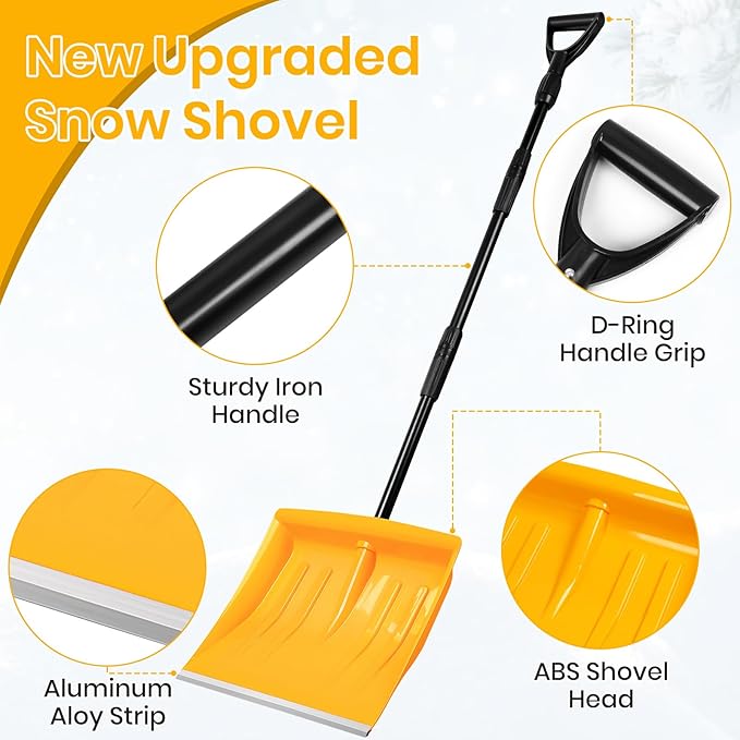 Snow Shovel for Driveway Stairs Decks Garage Snow Removal with Telescopic 52-59 inch Long Handle Lightweight Household Snow Shovel for Soft and Light Snow Removal (16 inch Wide)