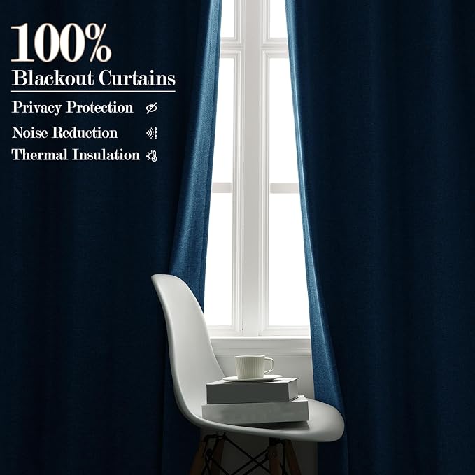 Extra Wide 100% Blackout Linen Textured Curtains - Room Dividers, W200 x L96 (1 Panel), Pinch Pleat Drapes for Living Room, Full Light Block Out Drapery for Sliding Door, Blue