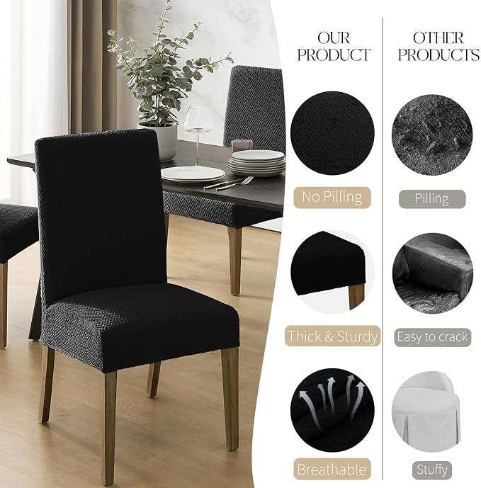 MOSAYT 100% Waterproof Dining Room Chair Covers Set of 6, Super Fit Stretch Jacquard Parson Chairs Slipcovers Removable Washable Chair Seat Protectors for Home, Kitchen, Banquet (Black)