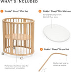 Stokke Sleepi Mini Bundle, Natural - includes Crib/Bed, Mattress & Drape Rod - Suitable for Ages 0-5 Years Old - Adjustable & Stylish