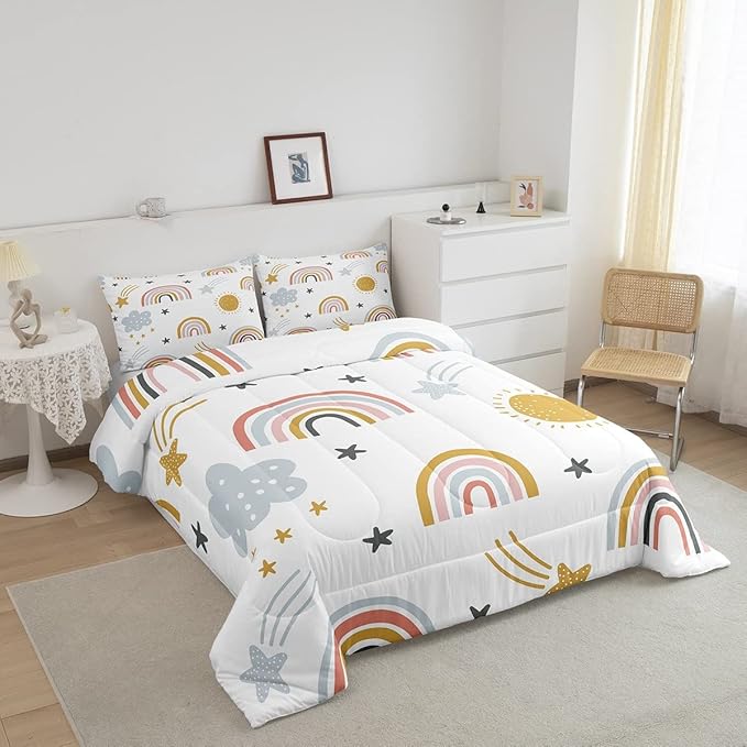 Erosebridal Girls Rainbow Bedding Set, Sun and Stars Comforter Set Full Size for Kids Boys Children Cartoon Style Cloud Bedding Comforters Girly Soft Microfiber Duvet Insert for Bedroom Decor