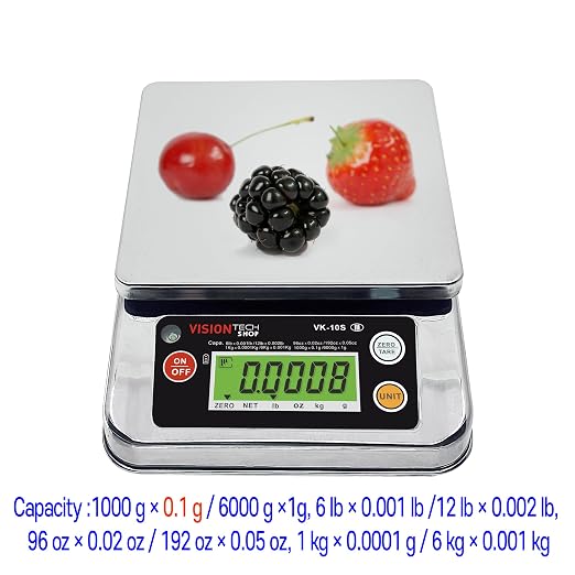 VisionTechShop VK-10S 0.1g Premium Food Kitchen Scale, Lb/Oz/Kg/g Switchable, Stainless Steel Plate Food Scale, Large LCD Display with Backlight, 12lb Capacity, 0.002lb Readability
