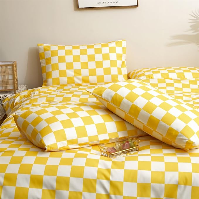 Wellboo Yellow and White Comforter Sets Full Women Men Bright Yellow Checkerboard Grid Bedding Comforters Cotton Boys Girls Modern Light Yellow Checkered Geometric Quilts Luxury Elegant Yellow Bed