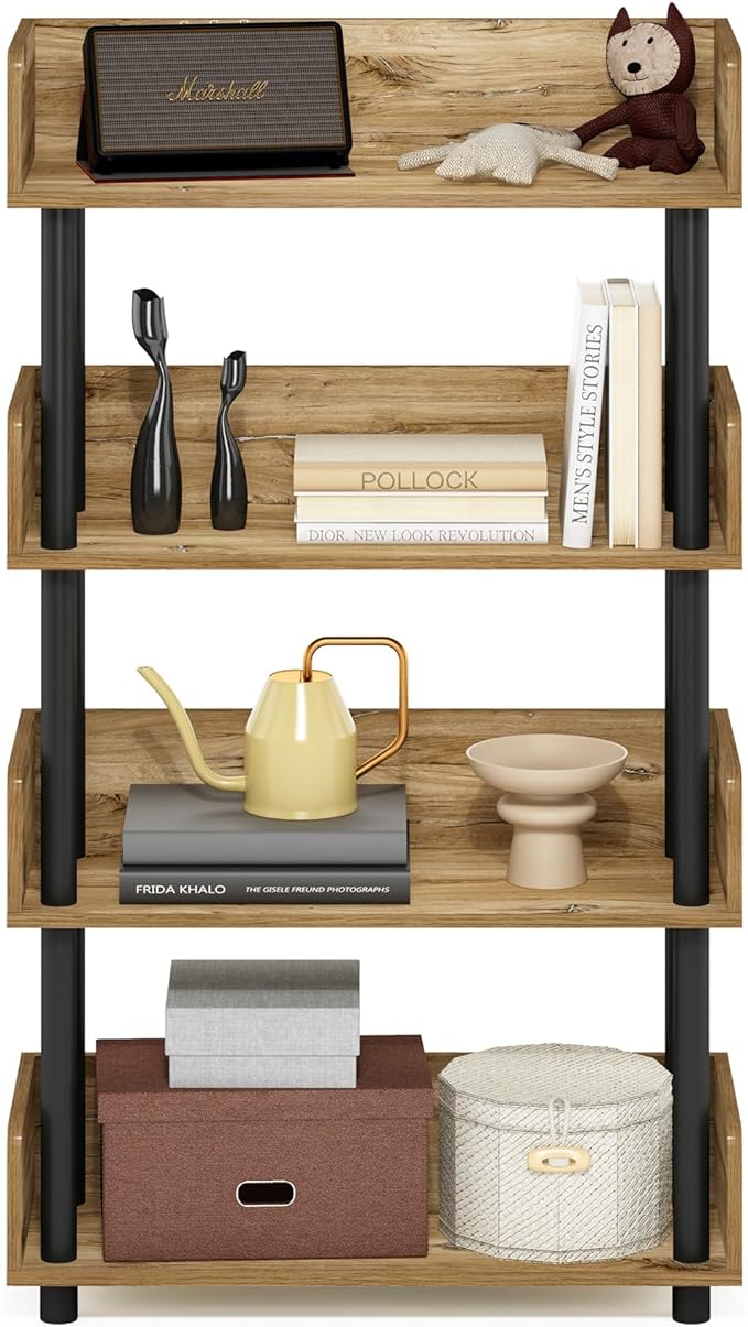 Furinno Turn-N-Tube 4-Tier Toolless Display Rack, Flagstaff Oak/Black