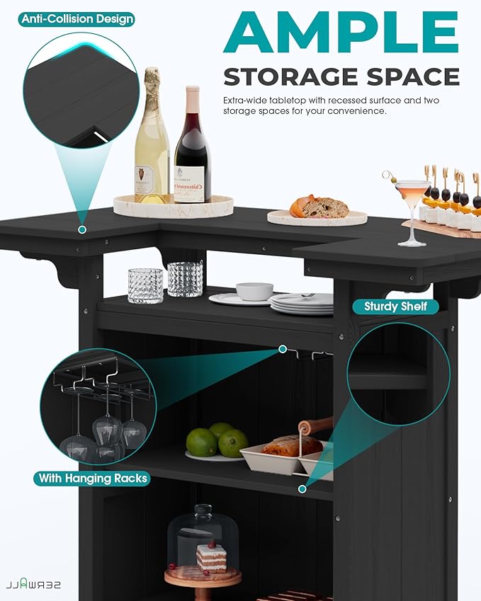 SERWALL Outdoor Bar Table,Patio Bar Cabinet with 4-Tier Storage and Spacious Tabletop for Outside,Poolside, Backyard,Made of HDPE,Black
