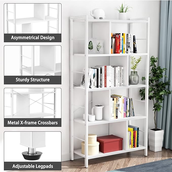armocity White Bookshelf 5 Tier Tall Industrial Bookcase Wood Metal Frame Standing Book Shelf, Display Bookshelves Storage Organizer for Bedroom Living Room Home Office, White