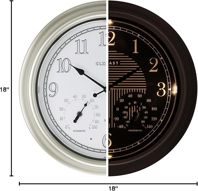 CLXEAST 18 Inch Illuminated Outdoor Indoor Atomic Analog Wall Clock with Temperature & Humidity Combo, Lighted Outdoor Clocks for Patio Large Waterproof with Thermometer, Modern Morning Silver/Gold