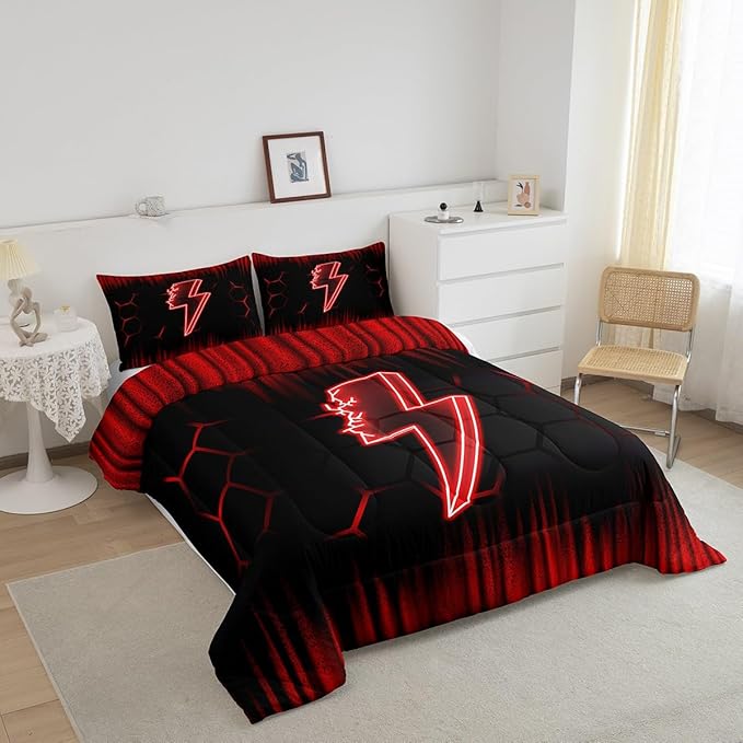 Feelyou Game Flash Bedding Set Full Size Boys Girls Ombre Comforter Set for Kids Honeycomb Comforter Red Black Duvet Set Room Decor Quilt Set