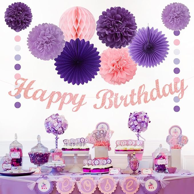 Purple Pink Birthday Party-Decorations Paper-Flowers - 14pcs Happy Banner Lavender Lanterns Tissue Pom Poms,Lilac Streamers Garland Fans Honeycomb,Women Girls Adult Kids Hanging Supplies Decor Hugfond