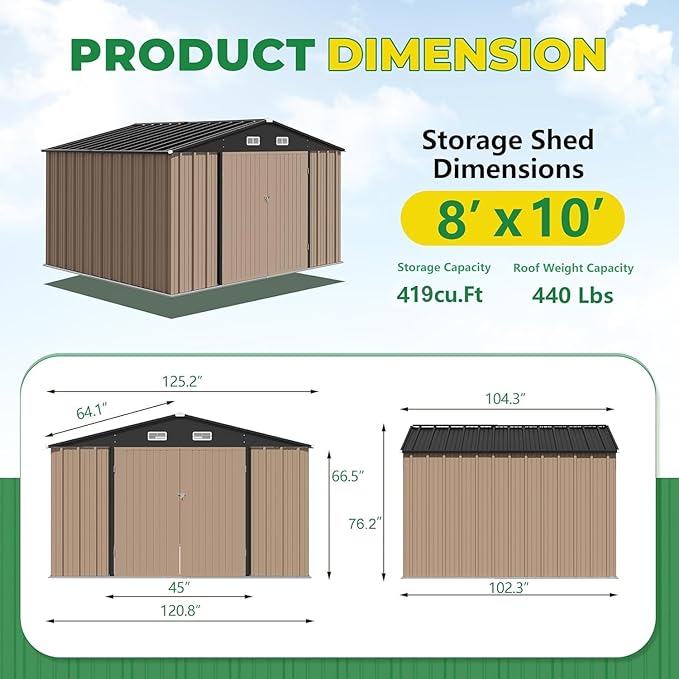 Devoko 8 x 10 FT Outdoor Storage Shed, Metal Garden Sheds & Outdoor Storage Clearance, Large Tool Shed Outdoor with Single Lockable Door for Patio Lawn Backyard (Brown)