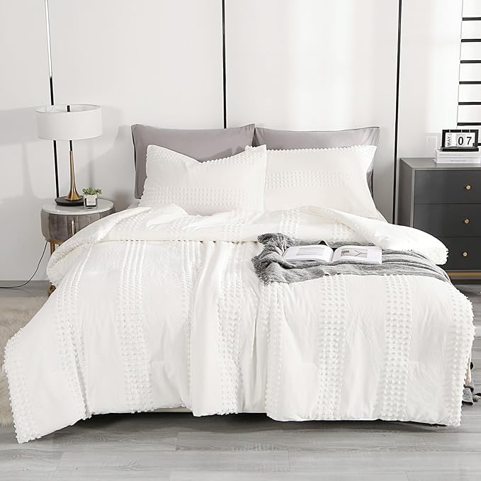 ENJOHOS Girls Twin Bedding Set White Twin XL Comforter, 3 PCS Boho Comforter with Tufted Dots, Shabby Chic Bedding Comforter for All Season, Lightweight Fluffy Microfiber Comforter with 2 Pillowcases